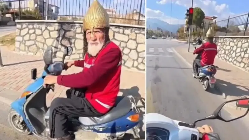 Kask yerine miğfer: Bu dedeyi görenler hem şaşırıyor hem gülümsüyor